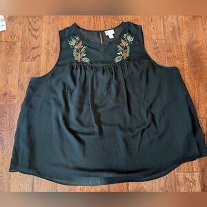 EUC Ladies Sleeveless Blouse Top Ava & Viv Embroidered Sheer Lined Keyhole Sz 3X